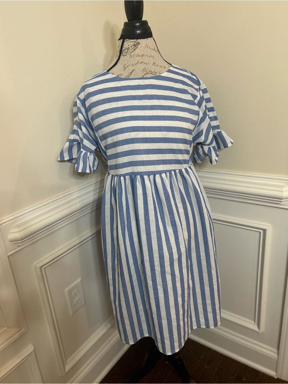 SHEIN Blue and White Striped Ruffle Sleeve Casual Dress